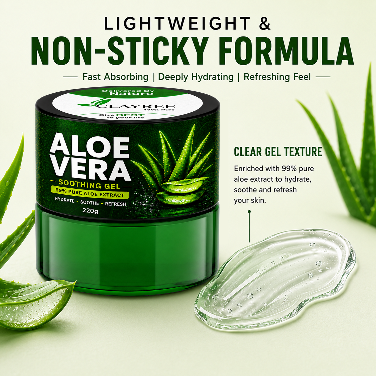 Clayree Pure Aloe Vera Gel for Face, Skin & Hair | Hydrating, Soothing & Glowing Skin Care Gel